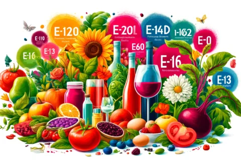 DALL·E 2024-06-11 20.47.05 - A vibrant and colorful blog cover image featuring a variety of natural food sources and ingredients associated with different E-numbers. Include image