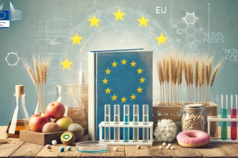DALL·E 2024-11-11 21.36.28 - A cover image illustrating the concept of 'novel foods' regulation in the EU. The image shows a wooden table with various food items, including test t