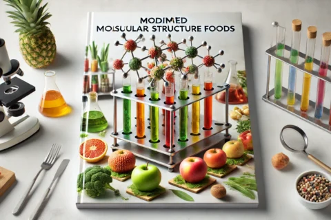 DALL·E 2024-11-11 21.44.17 - A cover image focused on the concept of modified molecular structure foods. In the center, there is a modern scientific kitchen table with various foo