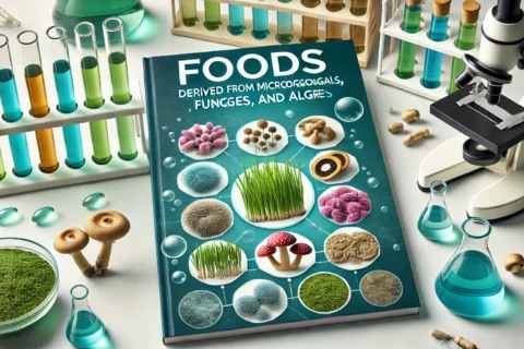DALL·E 2024-11-11 21.50.20 - A cover image focused on foods derived from microorganisms, fungi, and algae. In the center, a laboratory table with colorful test tubes, samples of a