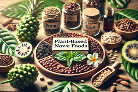 DALL·E 2024-11-11 21.55.25 - A cover image focused on plant-based novel foods. In the center, a natural wooden table displays various plant ingredients, like noni fruits and jars