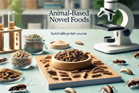 DALL·E 2024-11-11 21.57.38 - A cover image focused on animal-based novel foods. In the center, a clean, modern table with various insect-based foods, such as dried crickets and me