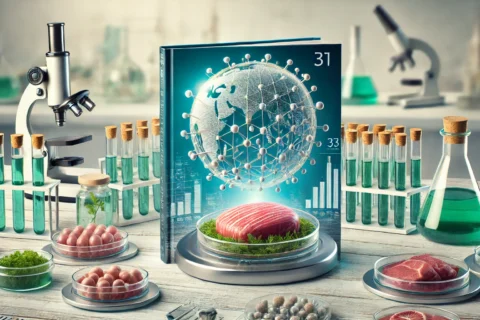 DALL·E 2024-11-11 22.00.56 - A cover image focused on cell and tissue culture-derived foods. In the center, a modern laboratory table displays test tubes, petri dishes with cultur