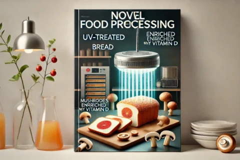 DALL·E 2024-11-11 22.02.46 - A cover image focused on novel food processing technologies. In the center, a modern kitchen table displays UV-treated bread and mushrooms enriched wi