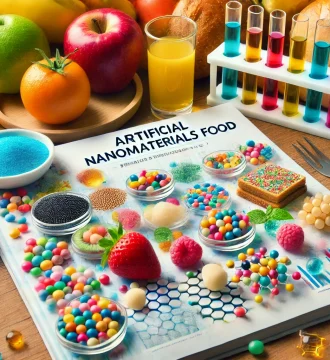 DALL·E 2024-11-11 22.05.54 - A cover image focused on artificial nanomaterials in food. In the center, a laboratory table displays various colorful foods, like fruits and bread, t
