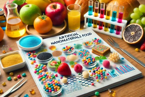 DALL·E 2024-11-11 22.05.54 - A cover image focused on artificial nanomaterials in food. In the center, a laboratory table displays various colorful foods, like fruits and bread, t