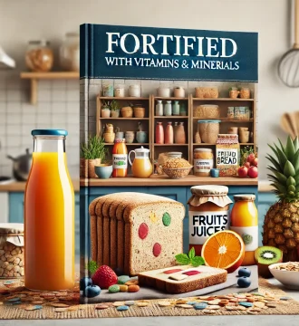 DALL·E 2024-11-11 22.08.12 - A cover image focused on fortified foods with vitamins and minerals. In the center, a kitchen counter with fortified bread, fruit juices, and cereals