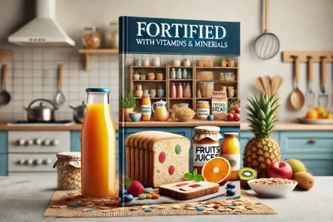DALL·E 2024-11-11 22.08.12 - A cover image focused on fortified foods with vitamins and minerals. In the center, a kitchen counter with fortified bread, fruit juices, and cereals