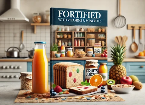 DALL·E 2024-11-11 22.08.12 - A cover image focused on fortified foods with vitamins and minerals. In the center, a kitchen counter with fortified bread, fruit juices, and cereals