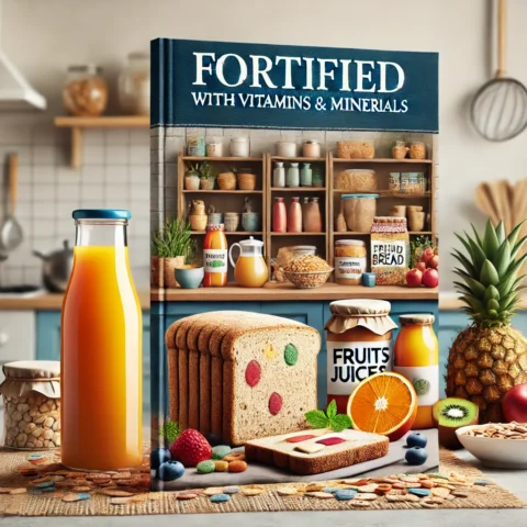 DALL·E 2024-11-11 22.08.12 - A cover image focused on fortified foods with vitamins and minerals. In the center, a kitchen counter with fortified bread, fruit juices, and cereals