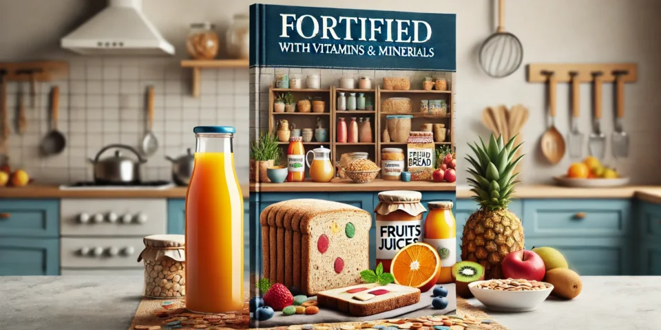 DALL·E 2024-11-11 22.08.12 - A cover image focused on fortified foods with vitamins and minerals. In the center, a kitchen counter with fortified bread, fruit juices, and cereals