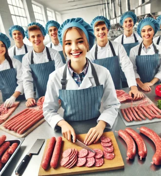 DALL·E 2025-02-05 21.57.33 - A vibrant and friendly image featuring happy teenagers in a meat processing training environment. The young students, wearing professional butcher uni