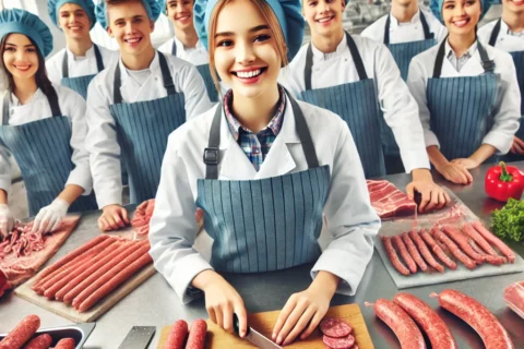 DALL·E 2025-02-05 21.57.33 - A vibrant and friendly image featuring happy teenagers in a meat processing training environment. The young students, wearing professional butcher uni
