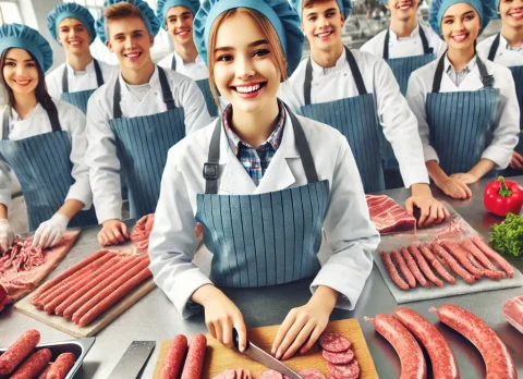 DALL·E 2025-02-05 21.57.33 - A vibrant and friendly image featuring happy teenagers in a meat processing training environment. The young students, wearing professional butcher uni