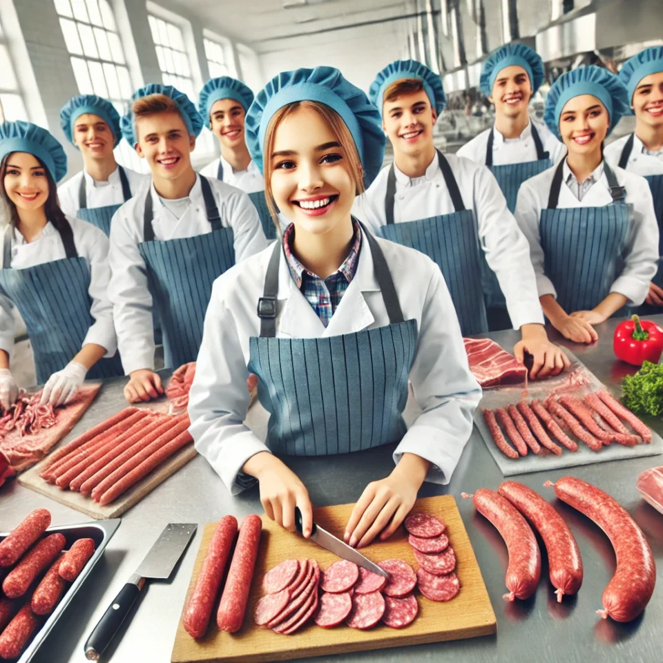 DALL·E 2025-02-05 21.57.33 - A vibrant and friendly image featuring happy teenagers in a meat processing training environment. The young students, wearing professional butcher uni
