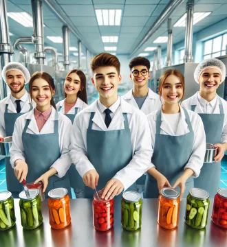 DALL·E 2025-02-05 22.14.13 - A vibrant and friendly image featuring happy teenagers in a food preservation training environment. The young students, wearing professional lab coats