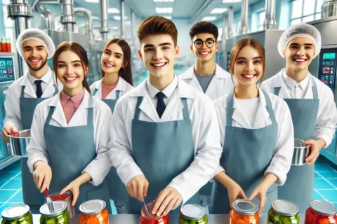 DALL·E 2025-02-05 22.14.13 - A vibrant and friendly image featuring happy teenagers in a food preservation training environment. The young students, wearing professional lab coats