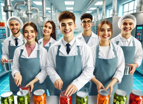 DALL·E 2025-02-05 22.14.13 - A vibrant and friendly image featuring happy teenagers in a food preservation training environment. The young students, wearing professional lab coats